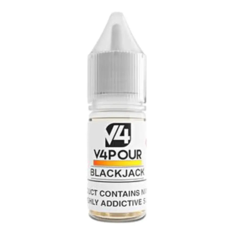 White clear plastic vape juice bottle with black and orange label for V4 Vapour Black Jack 10ml e-liquid at Smokz Vape Store