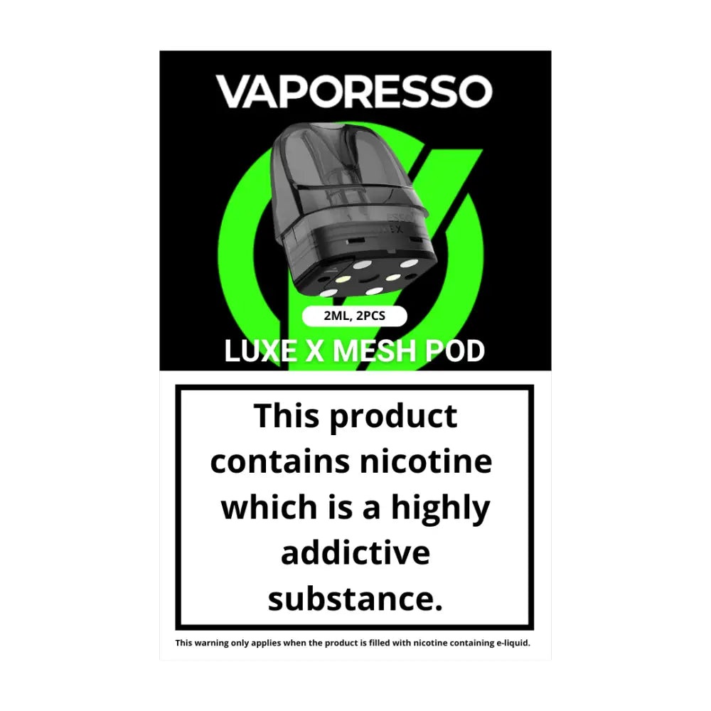 Vaporesso Luxe X refillable pods with nicotine warning label at Smokz Vape Store