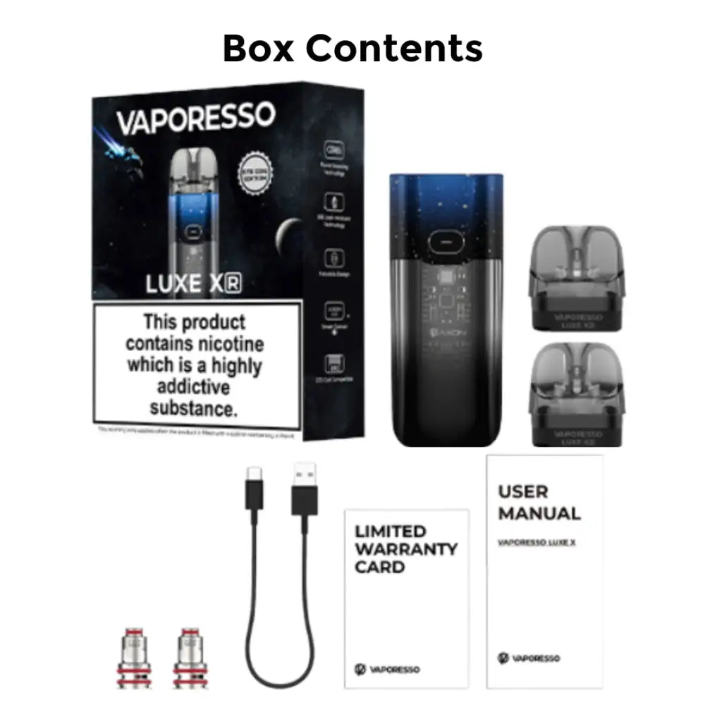Vaporesso Luxe XR vape kit with pods, coils, charging cable, and documentation