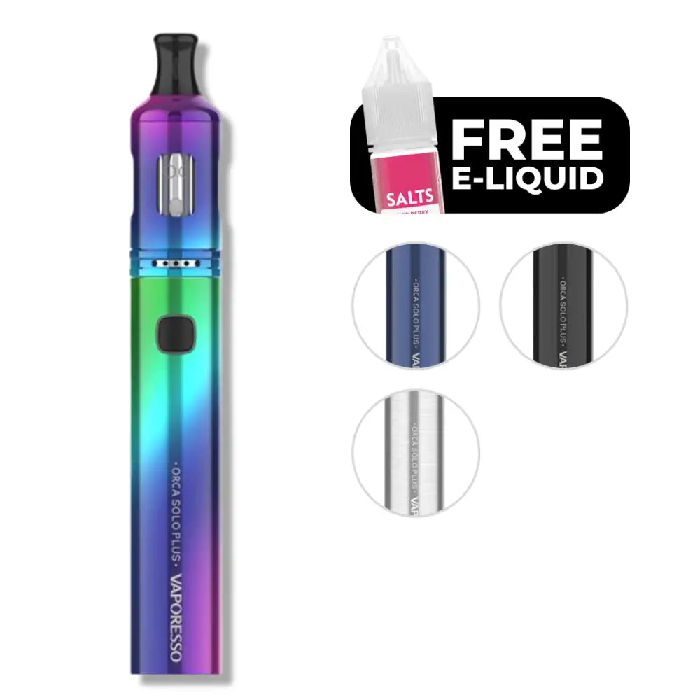 Rainbow-colored Vaporesso Orca Solo Plus vape pen with free nic salt e-liquid at Smokz Vape Store