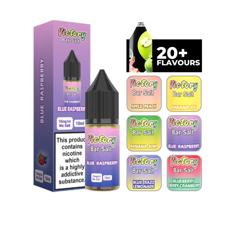 Victory Juice Bar Salt 10ml Blue Raspberry Ice e-liquid in small bottles and packaging