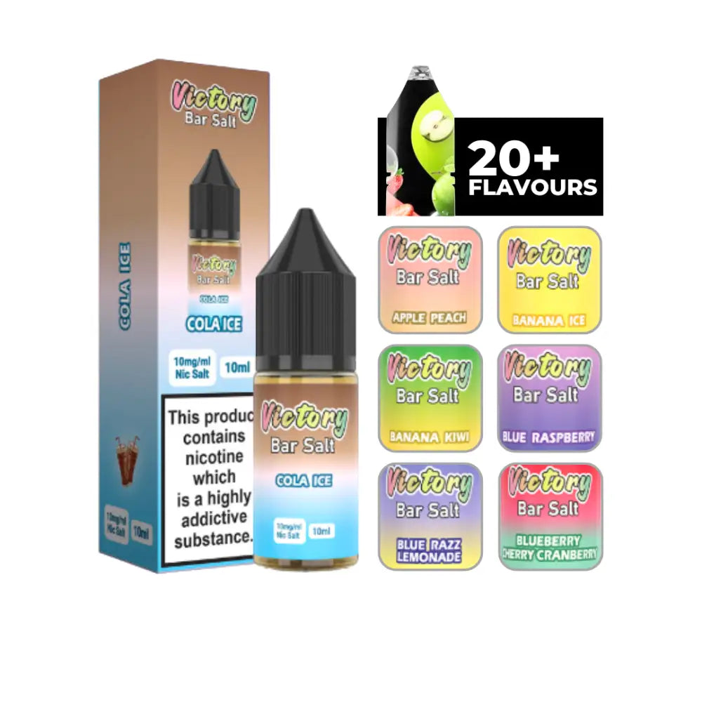 Vape juice bottles with various flavors including Victory Juice Bar Salt 10ml E-Liquid Cola Ice