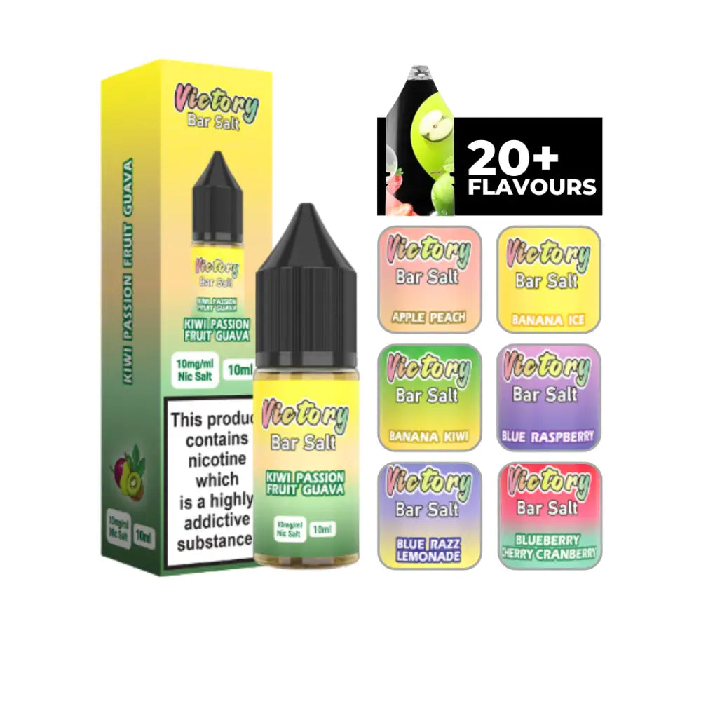 E-liquid bottles and packaging featuring Victory Juice Bar passion fruit salt and kiwi passion vape flavors
