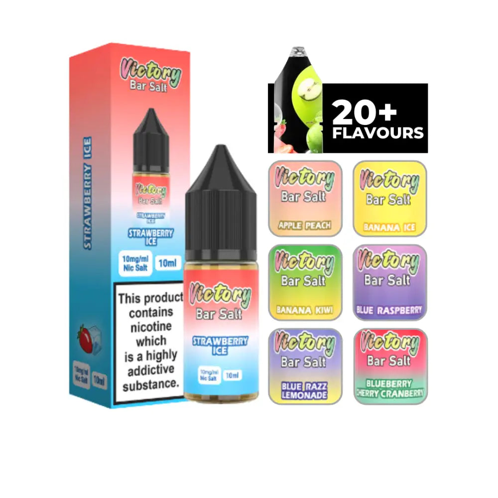 Vape juice bottles and packaging for Victory Juice Bar Strawberry Ice 10ml E-Liquid Salt