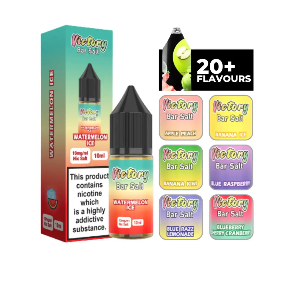 Victory Juice Bar Watermelon Ice nic salt e-liquid with various flavor options displayed