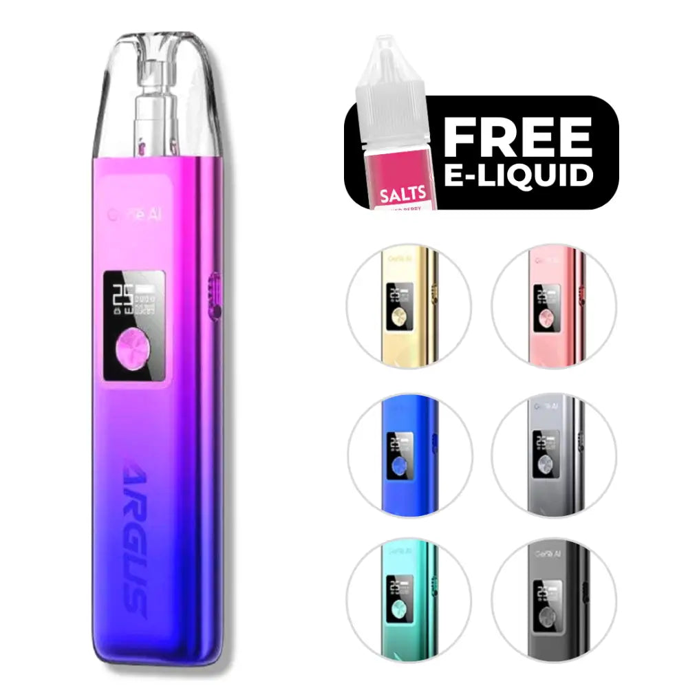 Voopoo Argus G vape kit with gradient design, digital display, circular button, and free e-liquid at Smokz Vape Store