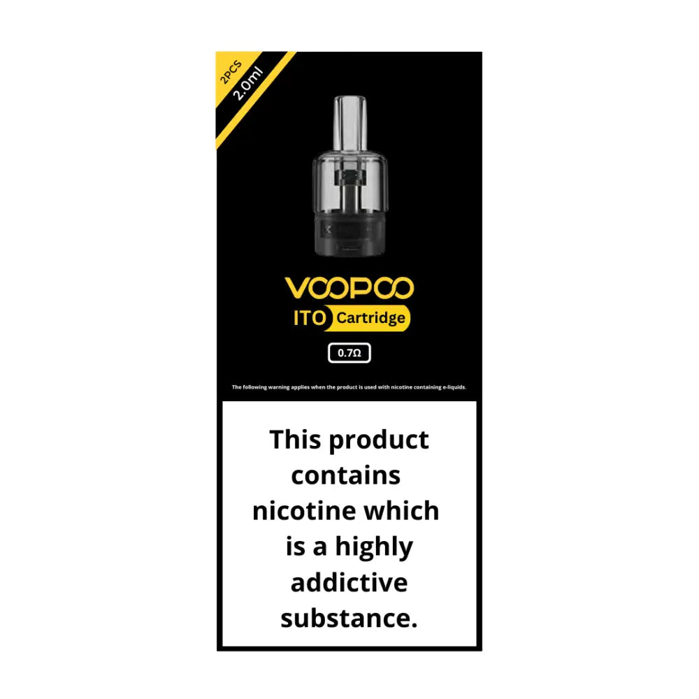 Black VOOPOO ITO cartridge pod for vaping containing nicotine at Smokz Vape Store