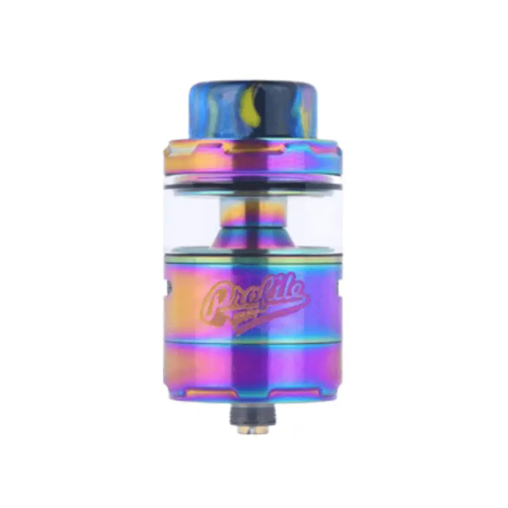 Rainbow-colored Wotofo Profile Unity RTA tank with clear glass section for optimal vaping experience