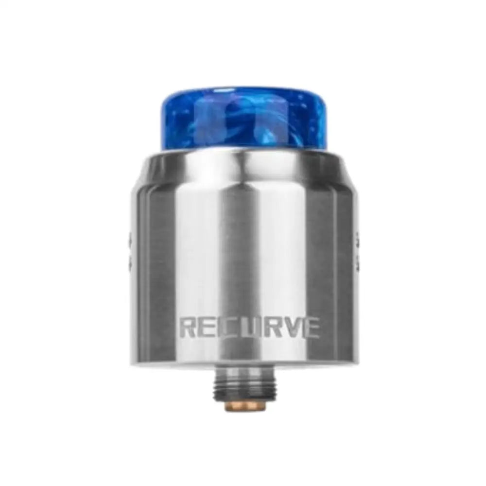 Silver Wotofo Recurve Dual RDA tank with blue swirled resin drip tip for smokz vape store