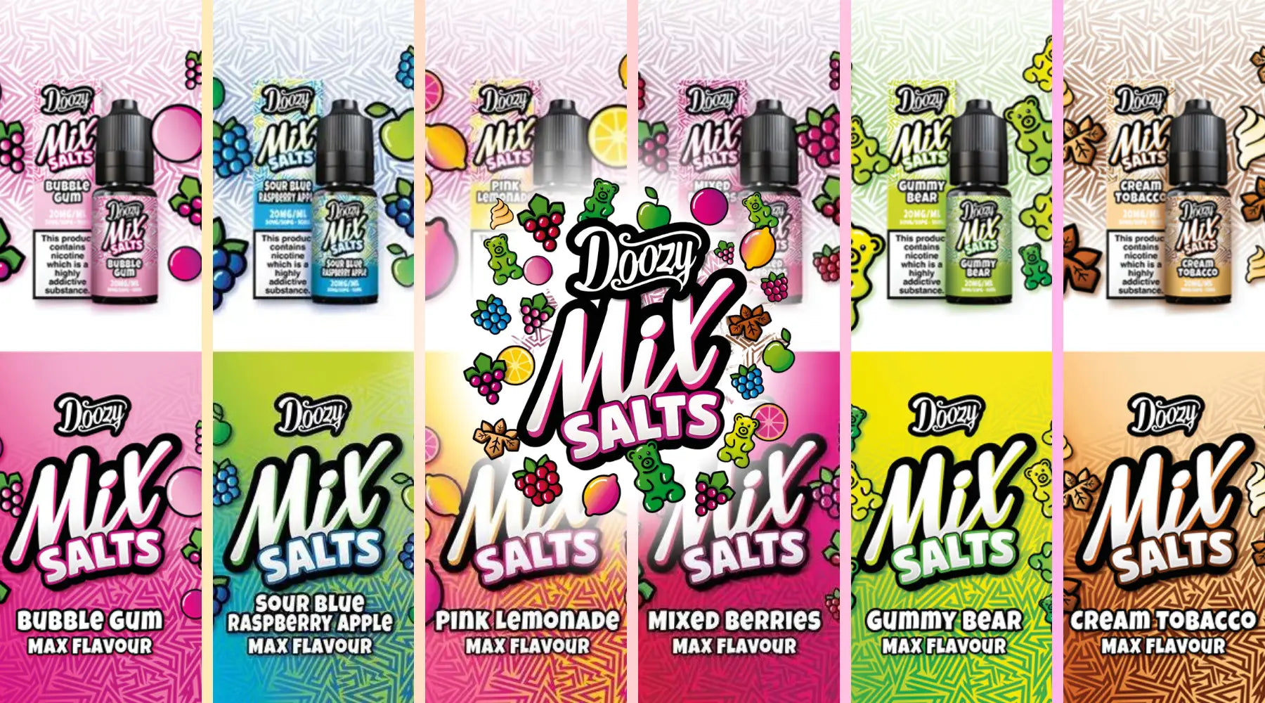 Bottled Doozy Mix Salts Flavours in various salt 10ml e-liquid bottles for vaping