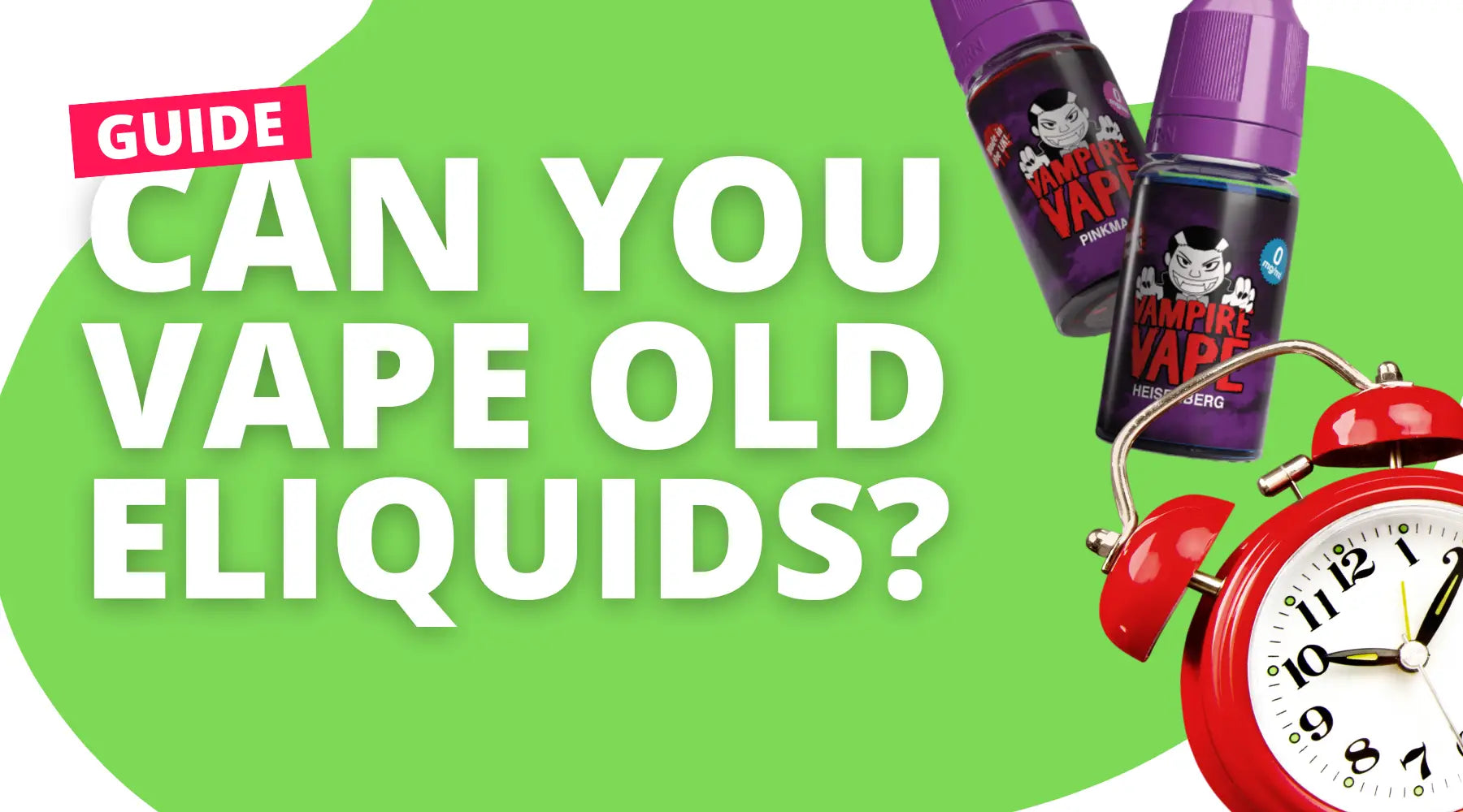 Two bottles of e-liquid and a red alarm clock illustrating Smokz Vape 50ml e-liquids and £10 Nic Salt