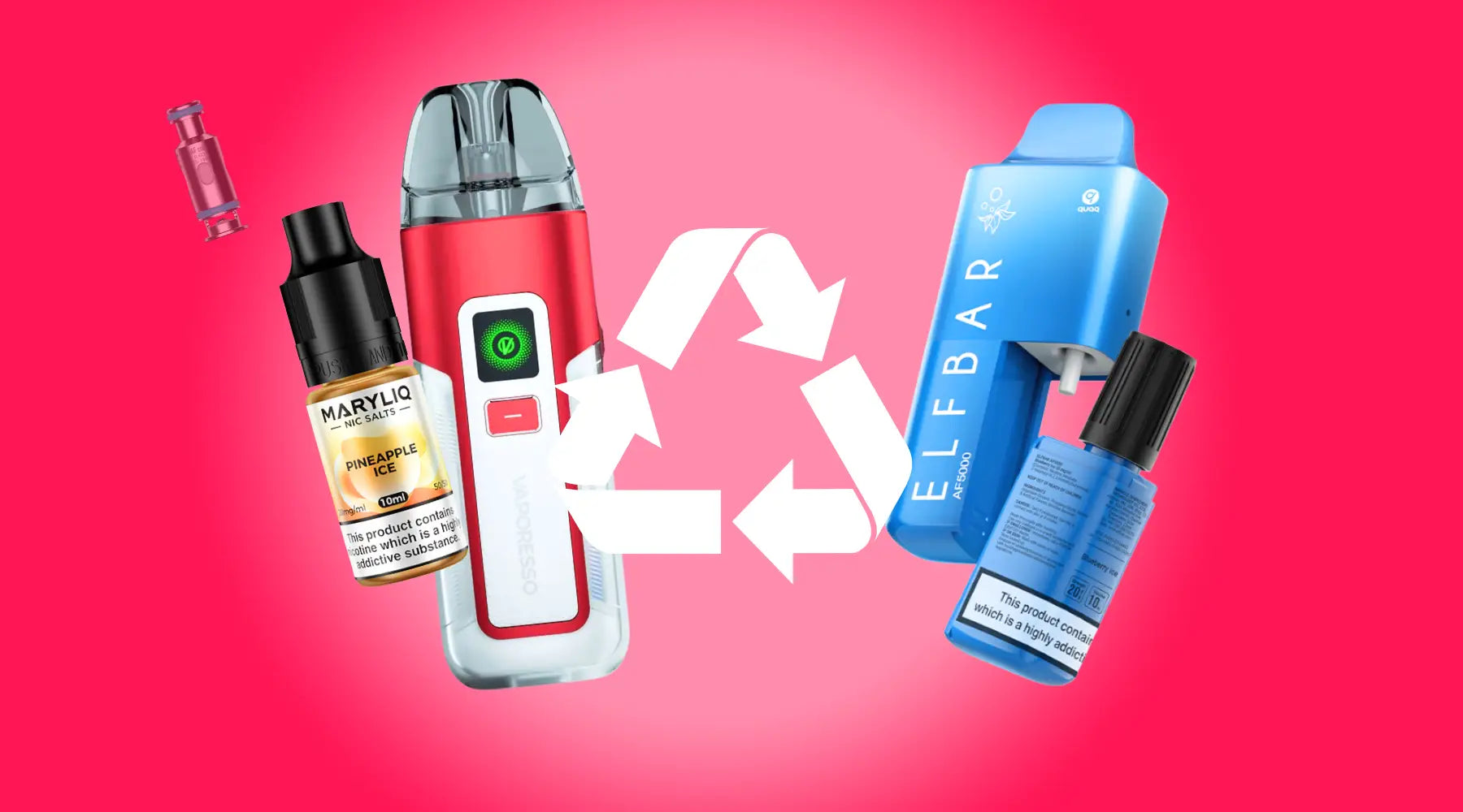Vape products with recycling symbol at Smokz Vape Store promoting eco-friendly nic salt disposal