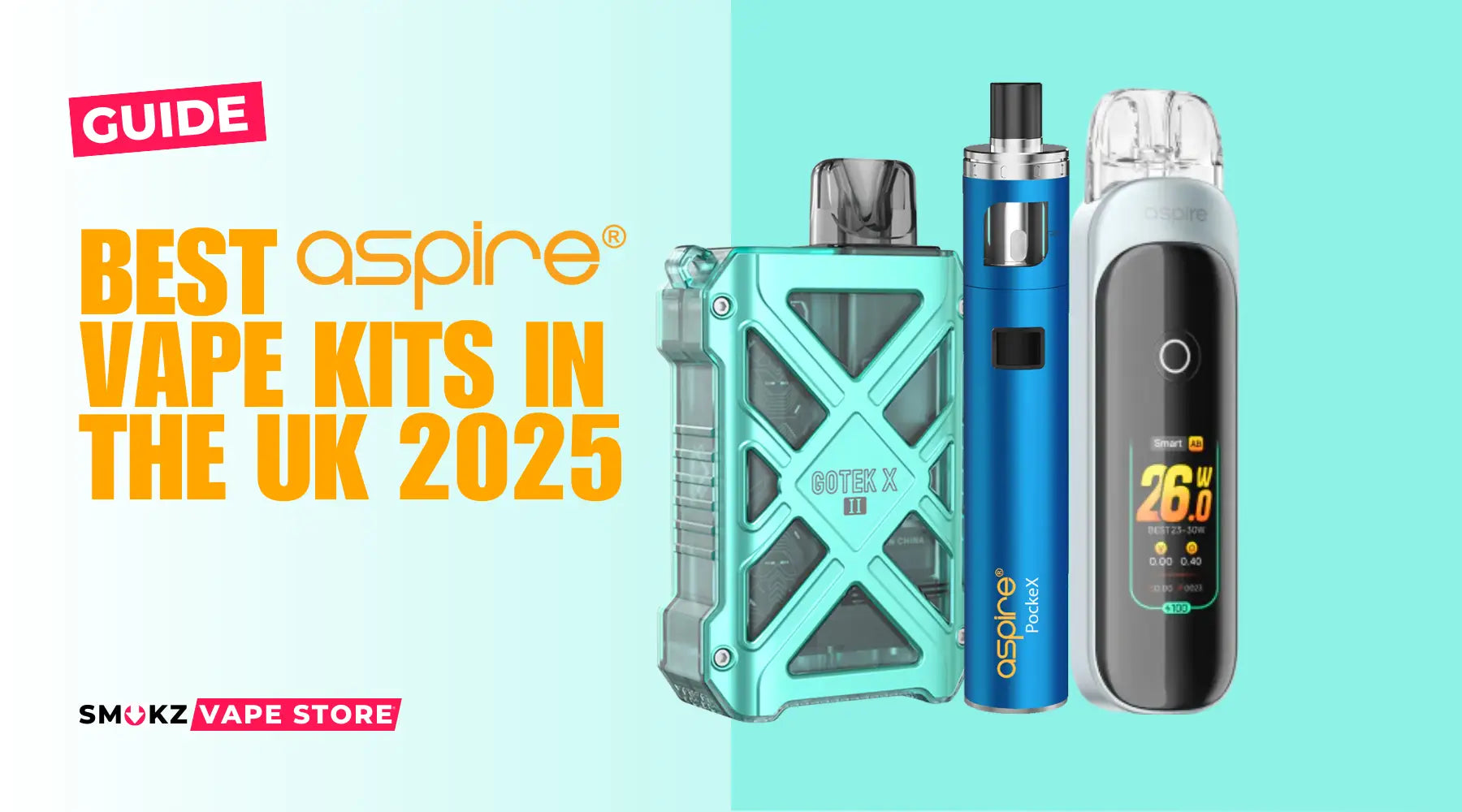 Image of three Aspire vape kits including Aspire Pixo, rugged box mod, and pod system for MTL vaping