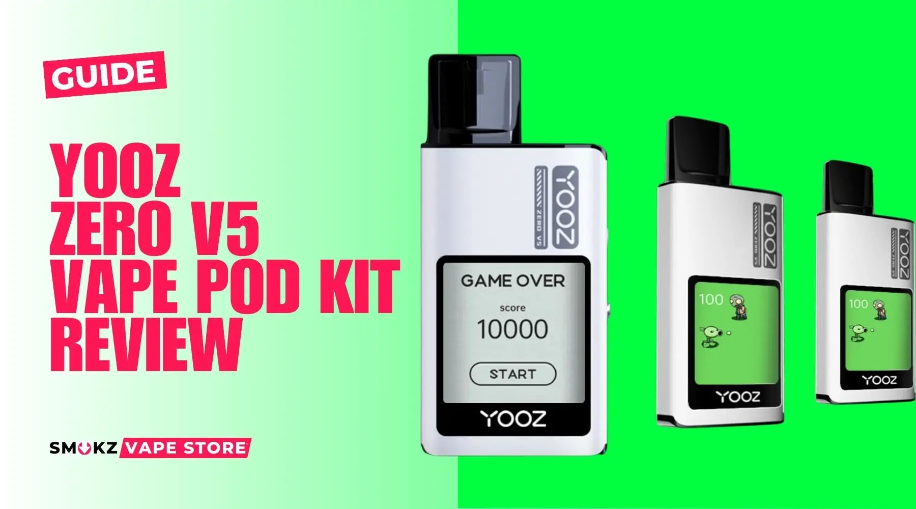 Yooz Zero vape pod kit with black mouthpiece and gaming graphics display