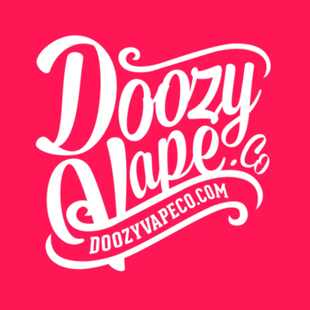 Vibrant pink background with Doozy Vape logo and website, showcasing nic salt options