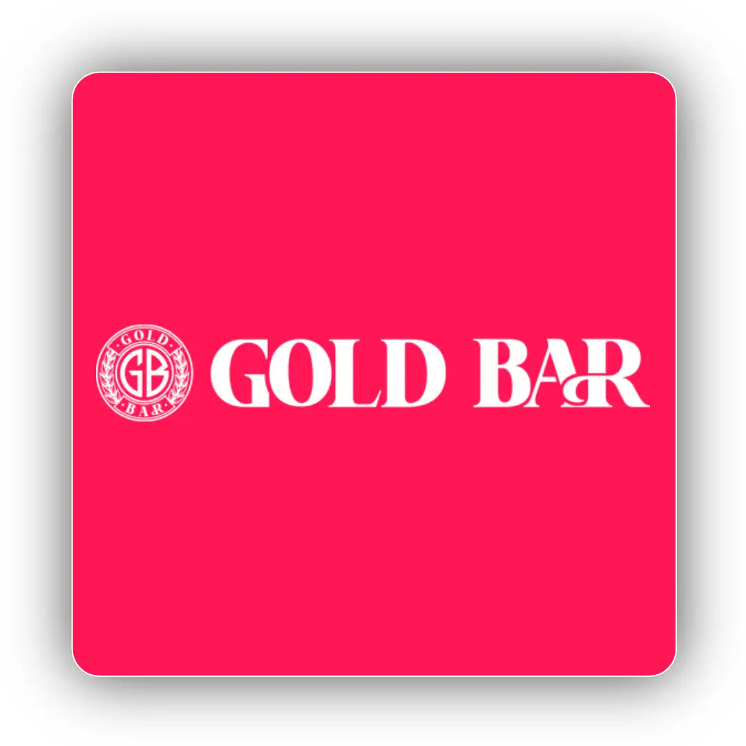 Hot pink square with rounded corners and GOLD BAR text for Gold Bar Disposable Vapes Peach Mango Watermelon