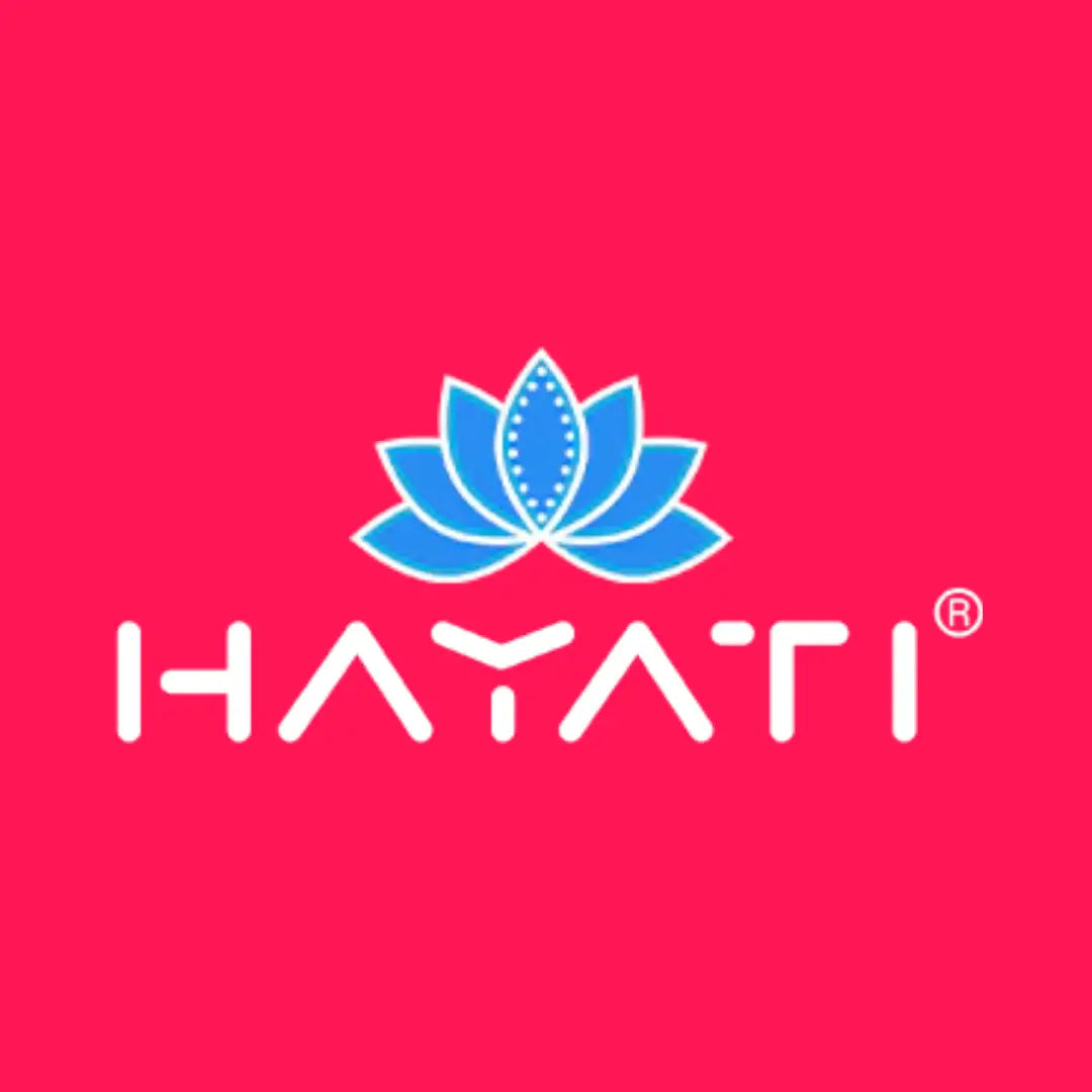 Vibrant pink Hayati Vape logo with blue lotus and white text showcasing impressive puff counts and rich flavours