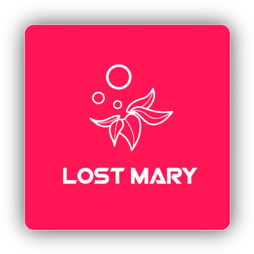 Red square Lost Mary Vape logo with white leaf and bubble design for nic salt e-liquid