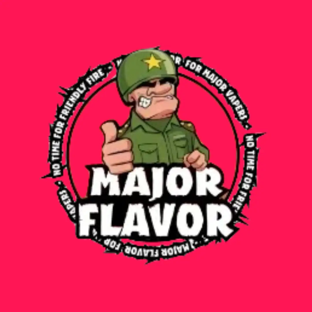 Logo for Major Flavor E-Liquids, featured at Smokz Vape Store, showcasing vibrant colours and bold design elements.