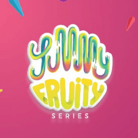 Vibrant colorful logo with playful bubbly font for Nasty Yummy Fruity Series E-Liquid