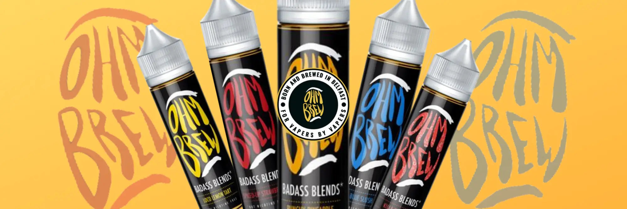 Five bottles of Ohm Brew dark e-liquids with colorful labels from £10 Nic Salt and 50ml Flavours collection