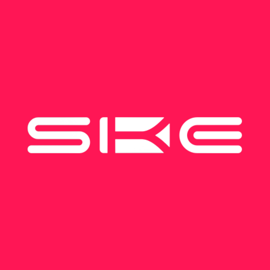 Logo for SKE on pink background, featuring Crystal Bar disposable vape, Ske Crystal 4 In 1, Ske Crystal Plus Pods, and Ske Crystal Nic Salts E-Liquid.