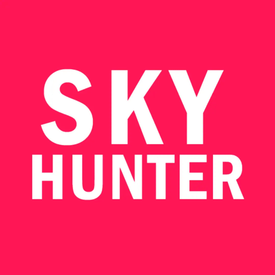 Bright pink SKY HUNTER logo with white text from Sky Hunter Pods Collection featuring 2600 puffs and 30 fruit flavors.