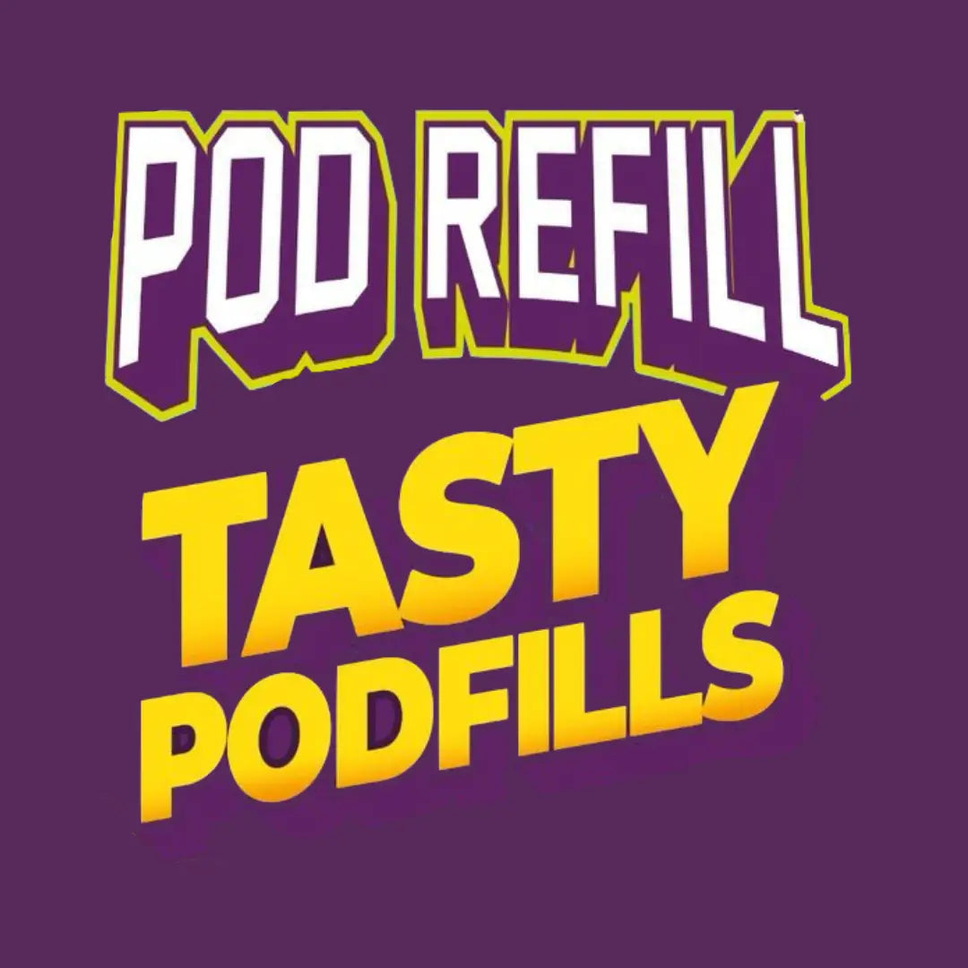 Purple sign with bold white and yellow text from Tasty Podfills Berry Lemonade Mango Blackcurrant collection