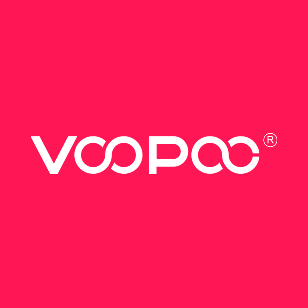 VOOPOO logo on pink background, representing the top vape brand in the UK with premium devices and cutting-edge GENE chip technology.