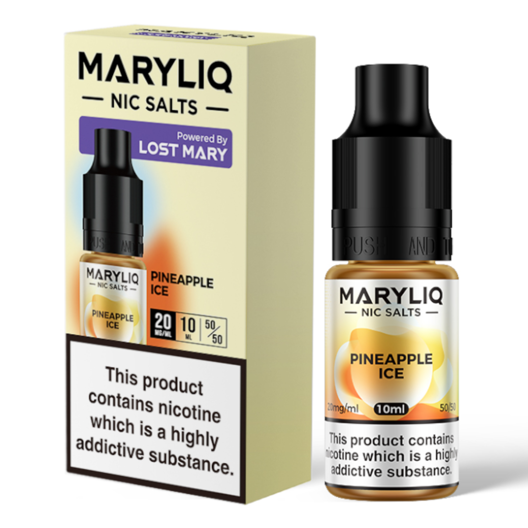 10ml MaryLiq E-Liquid Nic Salts Pineapple Ice - Sweet pineapple flavour with menthol for a tropical, chilled sensation in 5050 vg/pg ratio