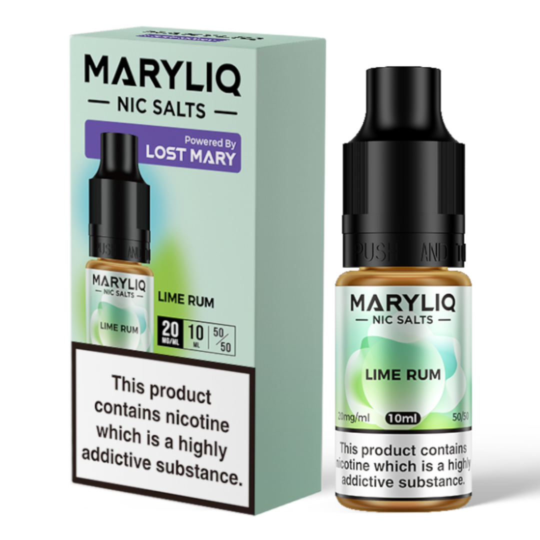 A 10ml bottle of MaryLiq E-Liquid Nic Salts Lime Rum - Tangy lime and rich rum flavours in a 5050 vg/pg ratio, suitable for starter vape kits