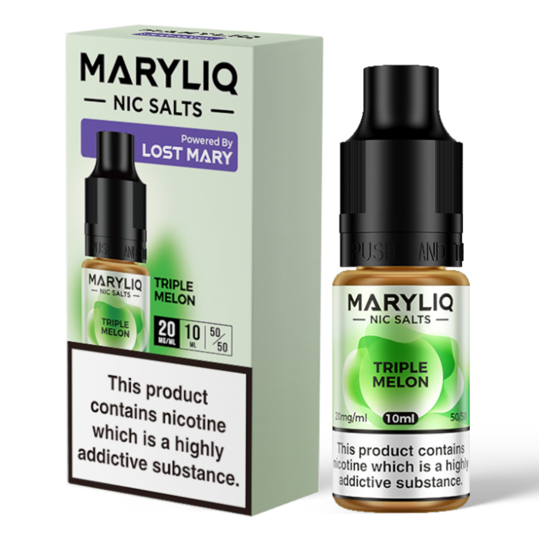 A 10ml bottle of MaryLiq E-Liquid Nic Salts Triple Melon - Sweet and juicy melon flavour blend in 5050 vg/pg ratio