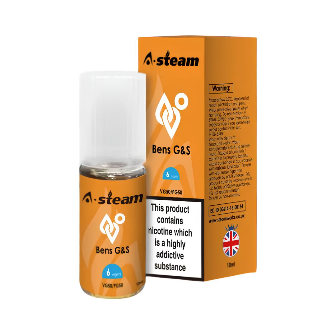 A Steam Ben G and S tobacco ten ml e liquid bottles inside a five for ten pound bundle.