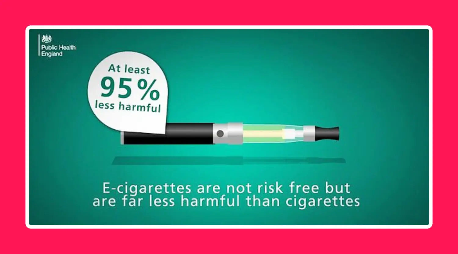 A vape pen with the words "e-cigarettes are not risk free but are 95% less harmful than cigarettes" - image used in Public Health England's blog post.