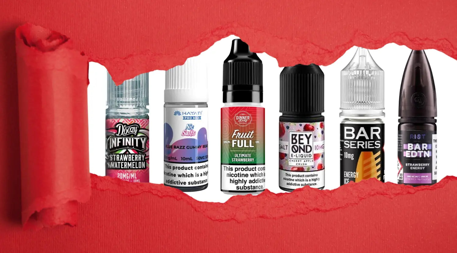 Bottles of nic salt e-liquids in various flavours – UK vape shop Smokz.