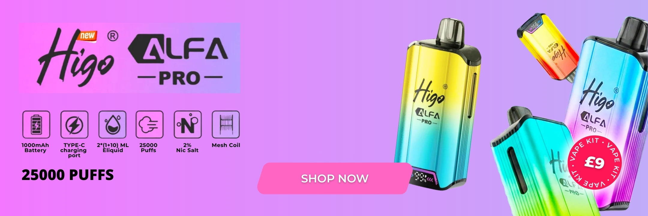 Vape devices with 'Higo' and 'ALFA' branding on a purple background