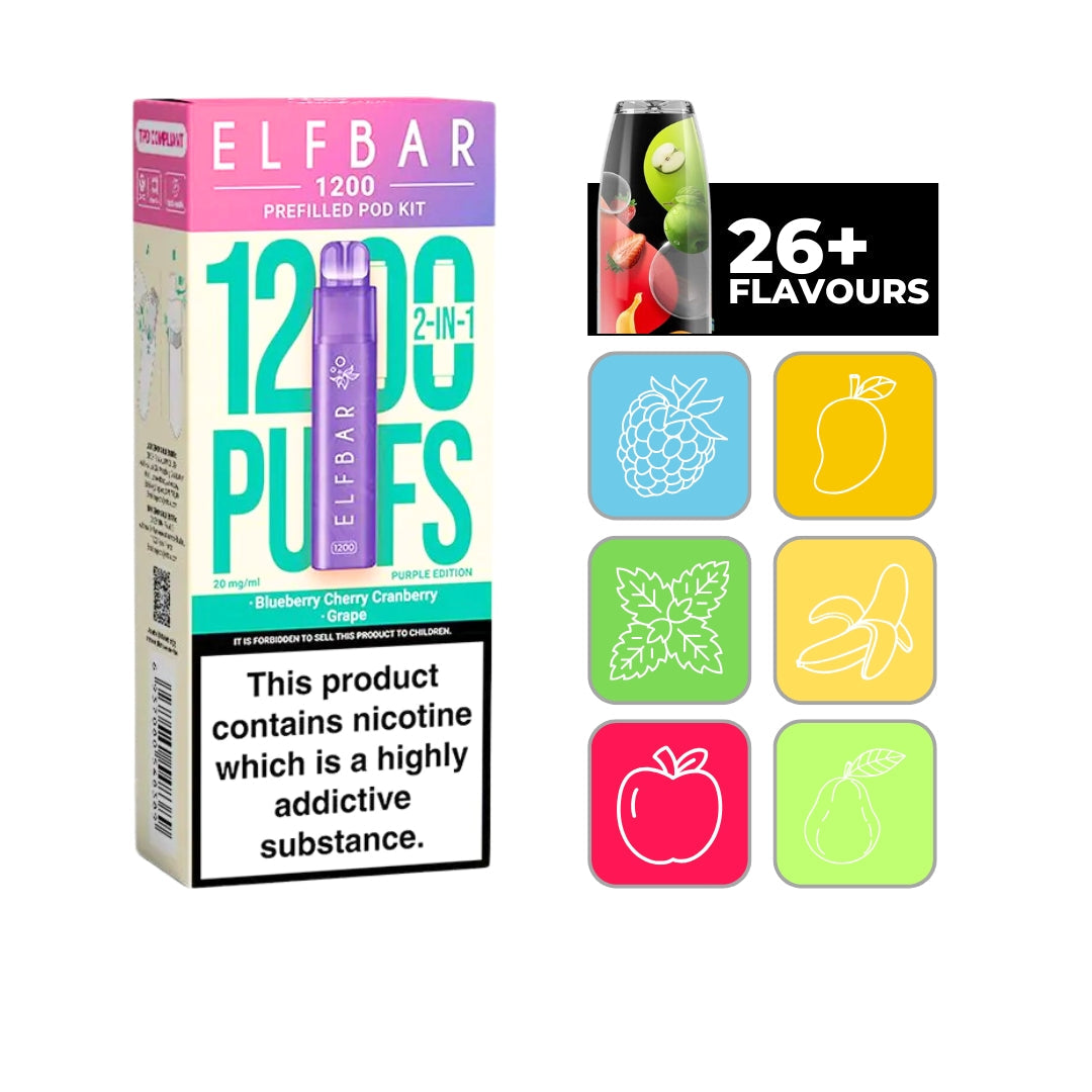 Elf Bar 1200 Puff Vape Pod Kit Blueberry Cherry Cranberry Grape  - Smokz Vape Store.