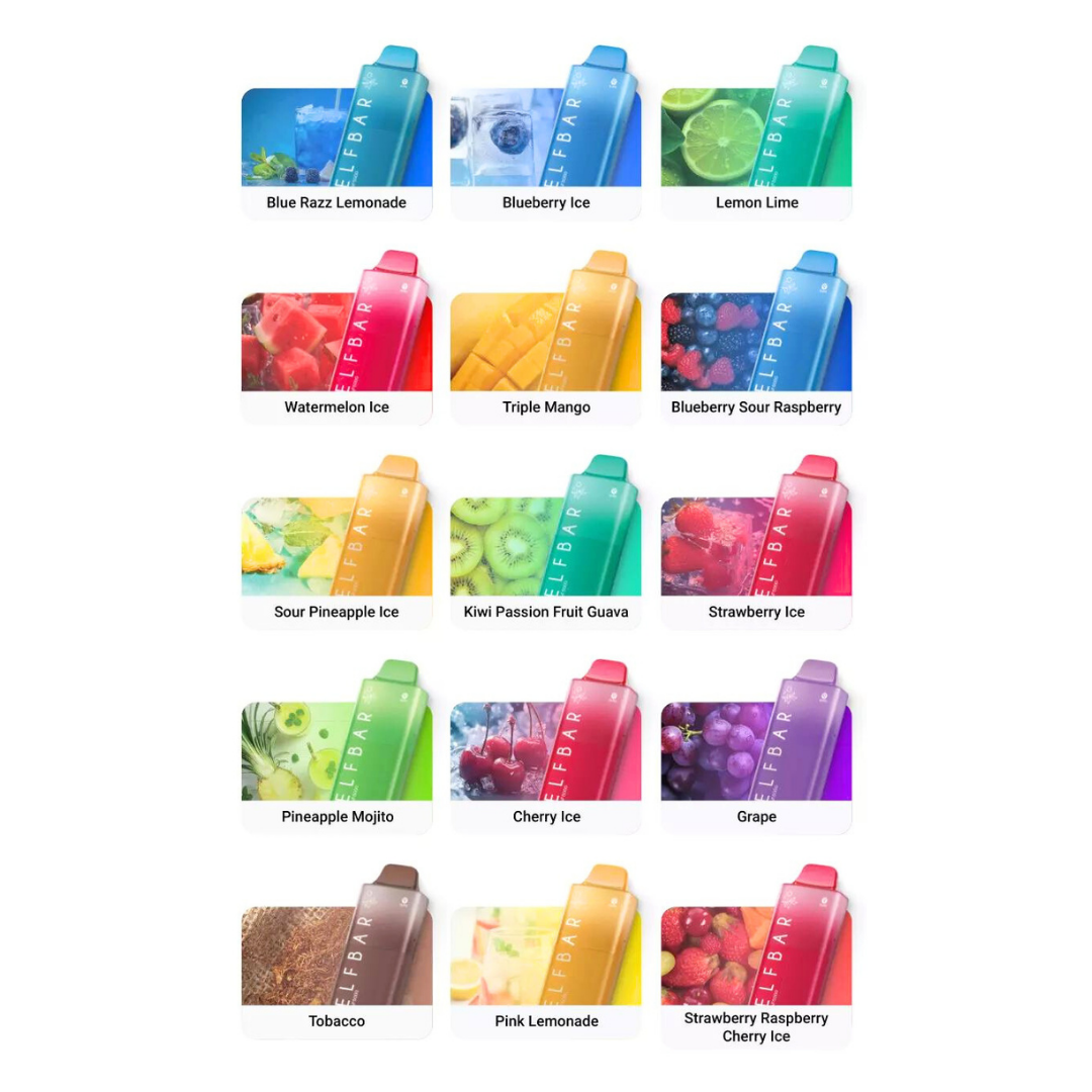 Image Of Various E-liquid Flavours Of Elfbar AF5000 Disposable Kit Displayed