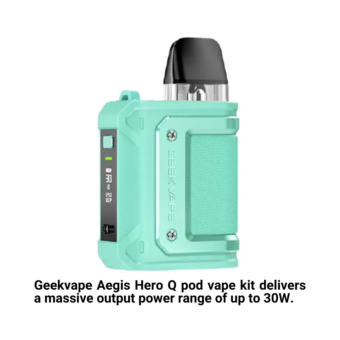 Geek Vape Aegis Hero Q pod vaping kit. Simple to use, 30W output, long-lasting 1300mAh battery, & Q pod compatibility 1.