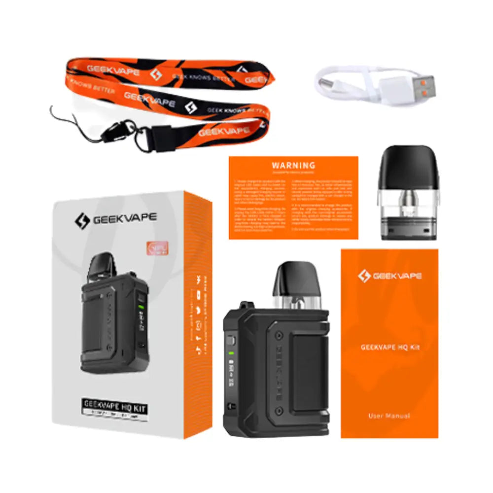 Geek Vape Aegis Hero Q pod vaping kit. Simple to use, 30W output, long-lasting 1300mAh battery, & Q pod compatibility box contents.