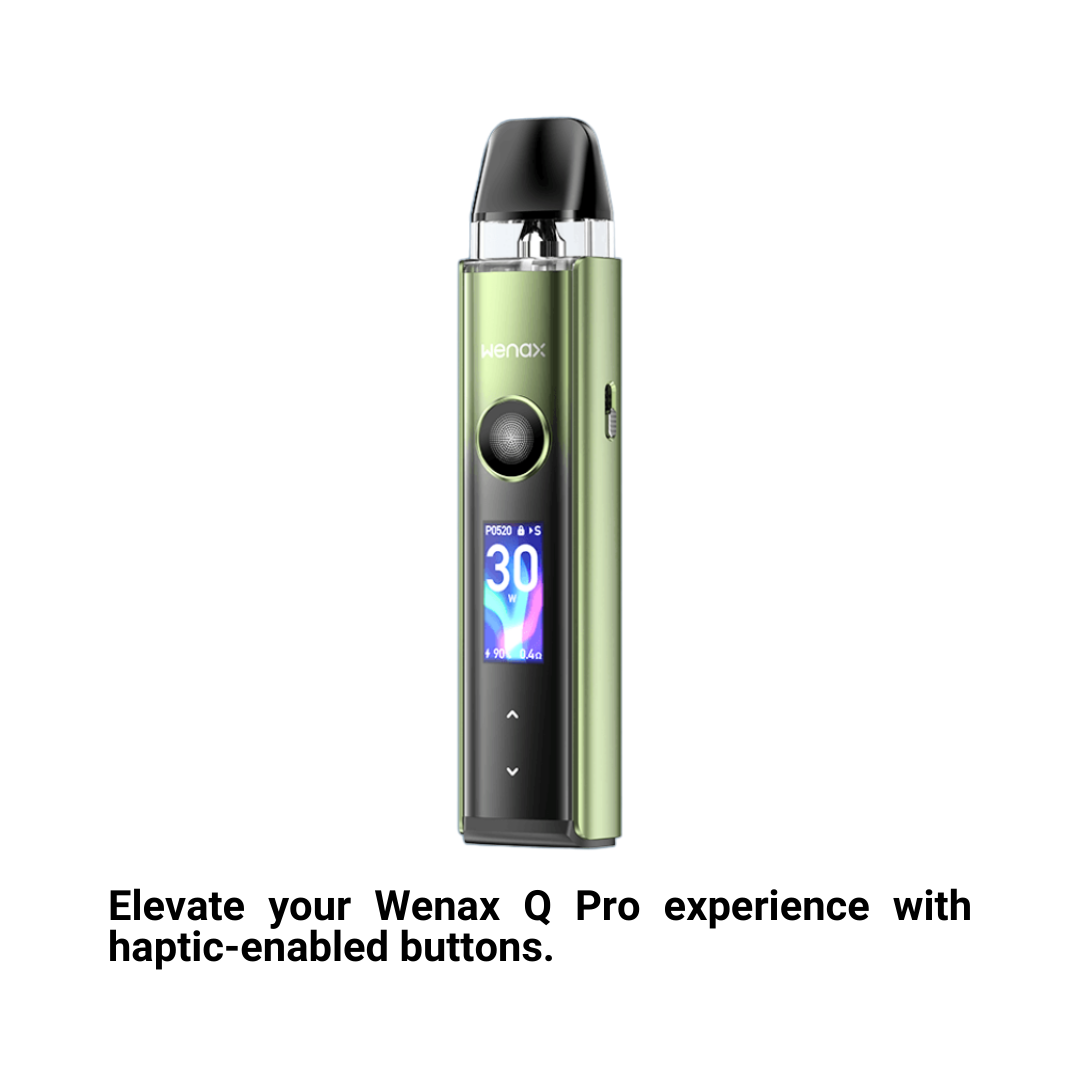 Geekvape Wenax Q Pro kit in assorted colors. Compact pod vape (66g) with 30W max output, 1200mAh battery, and 2ml Q Pod for flavorful vaping 1.