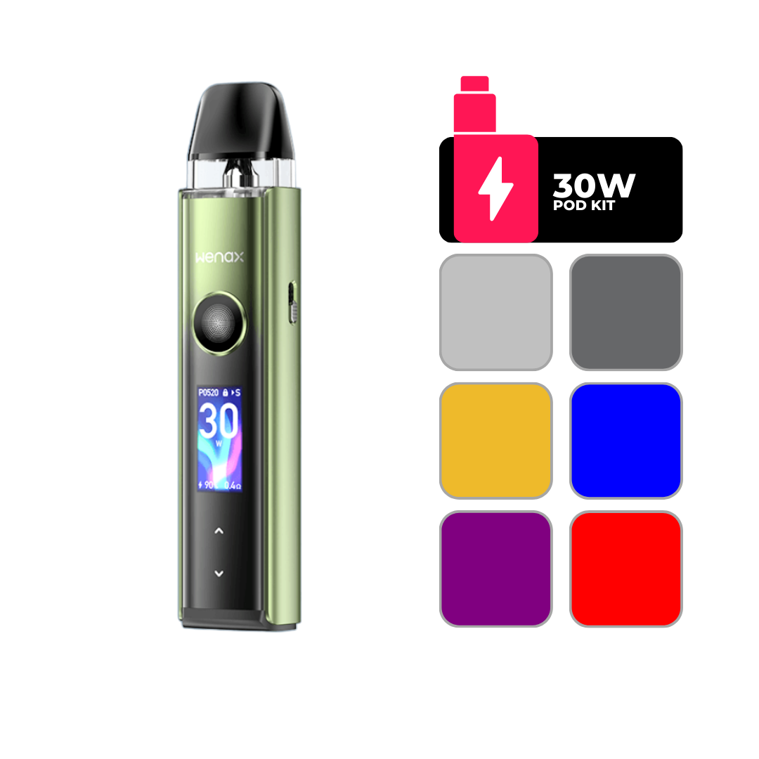 Geekvape Wenax Q Pro kit in assorted colors. Compact pod vape (66g) with 30W max output, 1200mAh battery, and 2ml Q Pod for flavorful vaping.