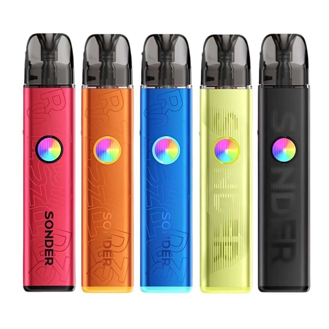 Five Sonder Q3 vape devices in red, orange, blue, yellow, and black on a white background.