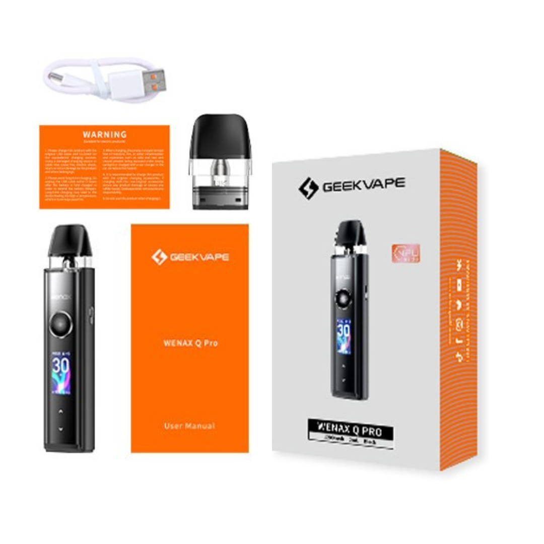 Geekvape Wenax Q Pro kit in assorted colors. Compact pod vape (66g) with 30W max output, 1200mAh battery, and 2ml Q Pod for flavorful vaping box contents.