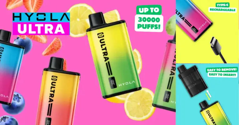 Hyola Ultra 30K Vape Kit with visual callouts highlighting key features and user benefits, including long battery life, dual flavour pods, and smooth MTL vaping experience.