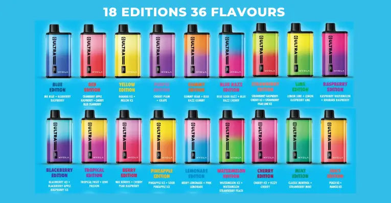 Hyola Ultra 30K Vape Kit shown with over 36 vape juice flavour options, ranging from berry blends to tropical fruit editions.