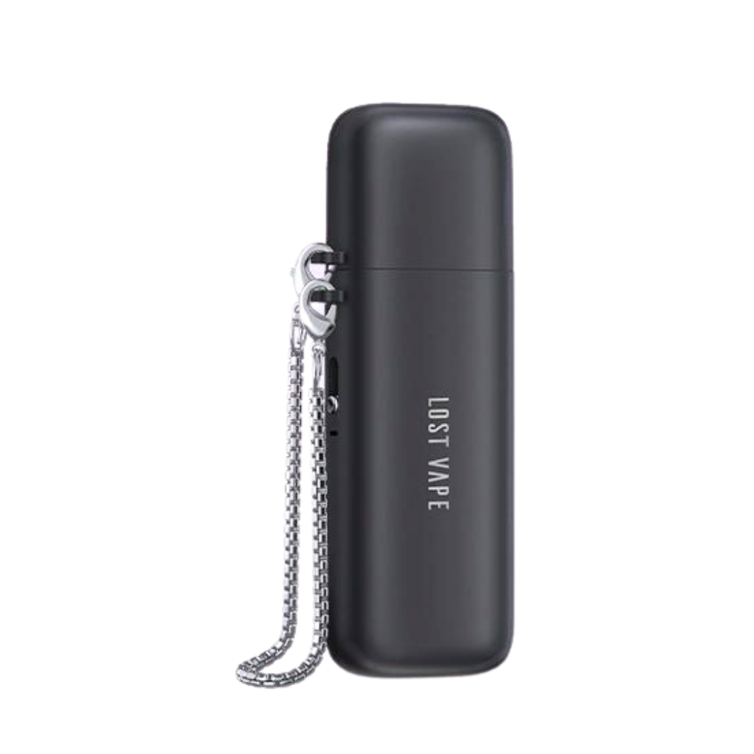 Image of Lost Vape Ursa Cap Pod Kit in Infinity Black (Black), with a chain connected for simple carry-on accessory.