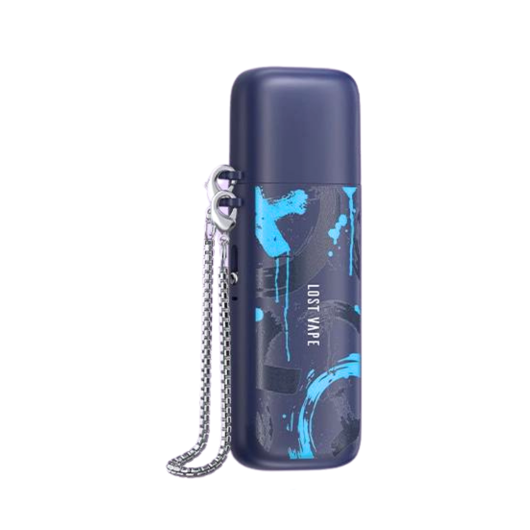 Image of Lost Vape Ursa Cap Pod Kit in Joy blue (patterned blue), with a chain connected for simple carry-on accessory. 