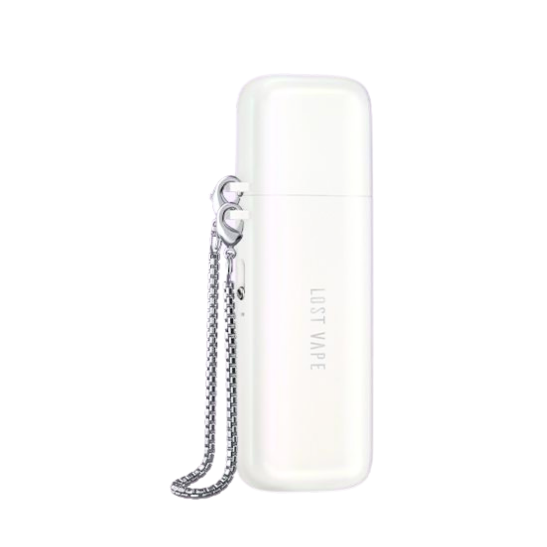 Image of Lost Vape Ursa Cap Pod Kit in Pearl White (White), with a chain connected for simple carry-on accessory. 