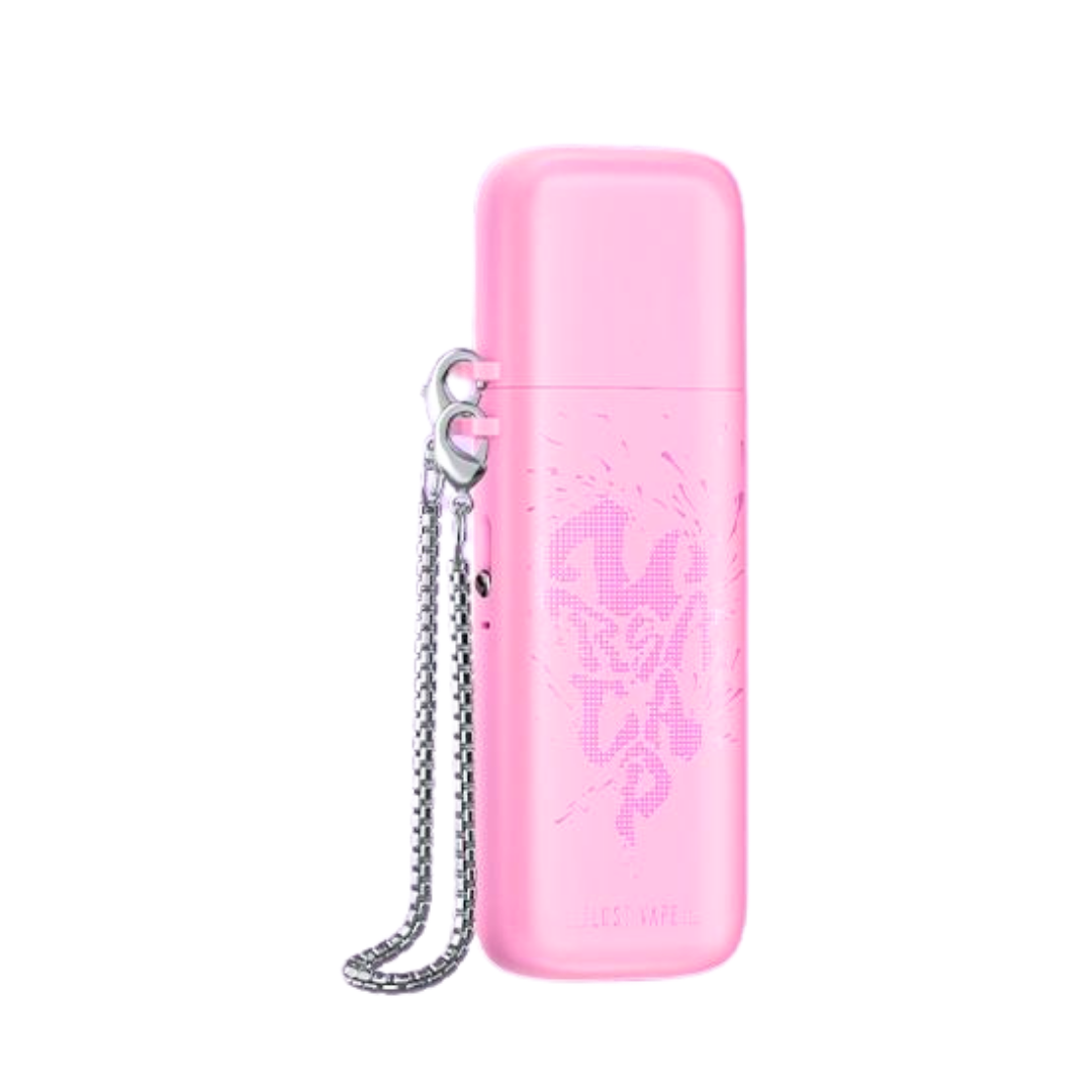 Image of Lost Vape Ursa Cap Pod Kit in Pink Carnival (pink), with a chain connected for simple carry-on accessory. 